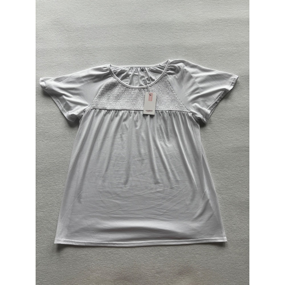 NWT Xieerduo Fashion Smocked Yoke Blouse Women Size M White Short Sleeve Top